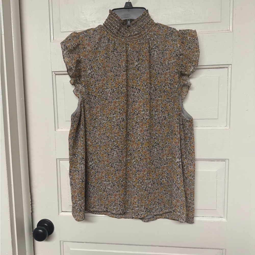 Banana Republic Mustard Floral Smocked Neck Ruffle Sleeve Blouse